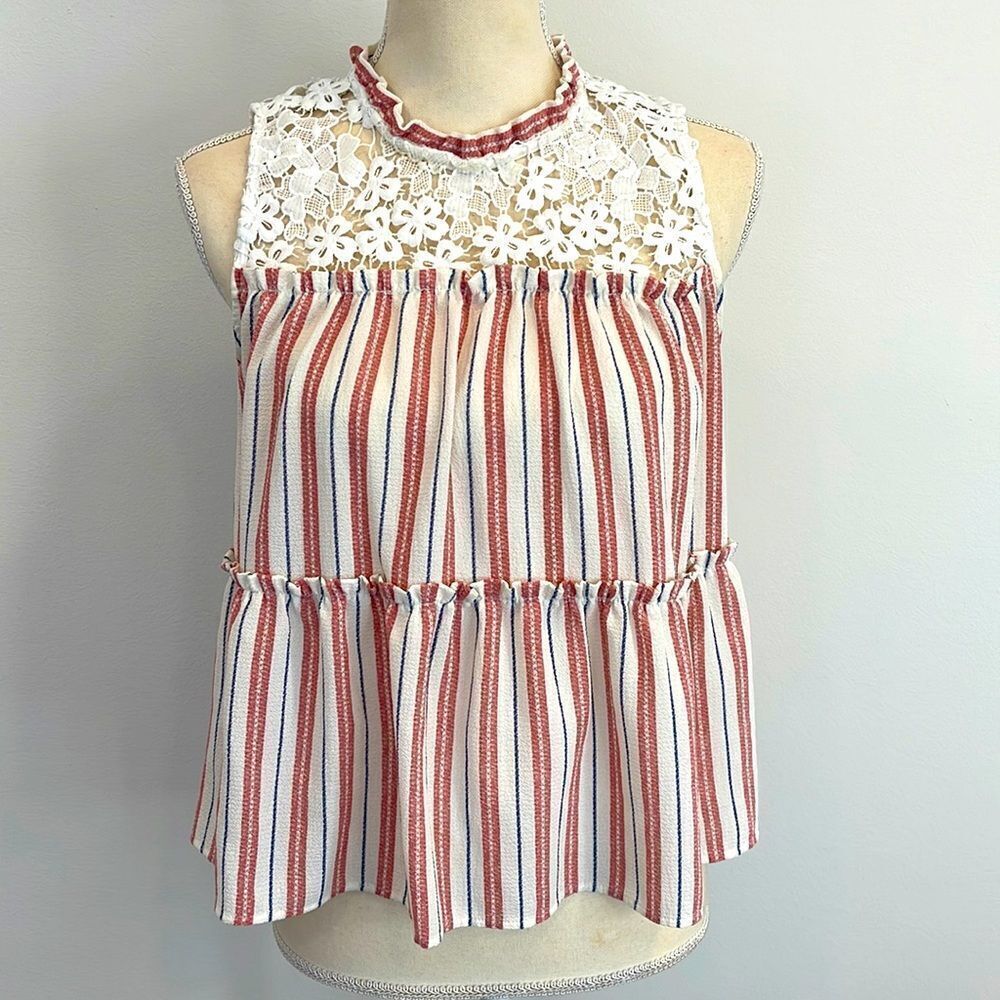 Striped Lace High Neck Sleeveless Blouse